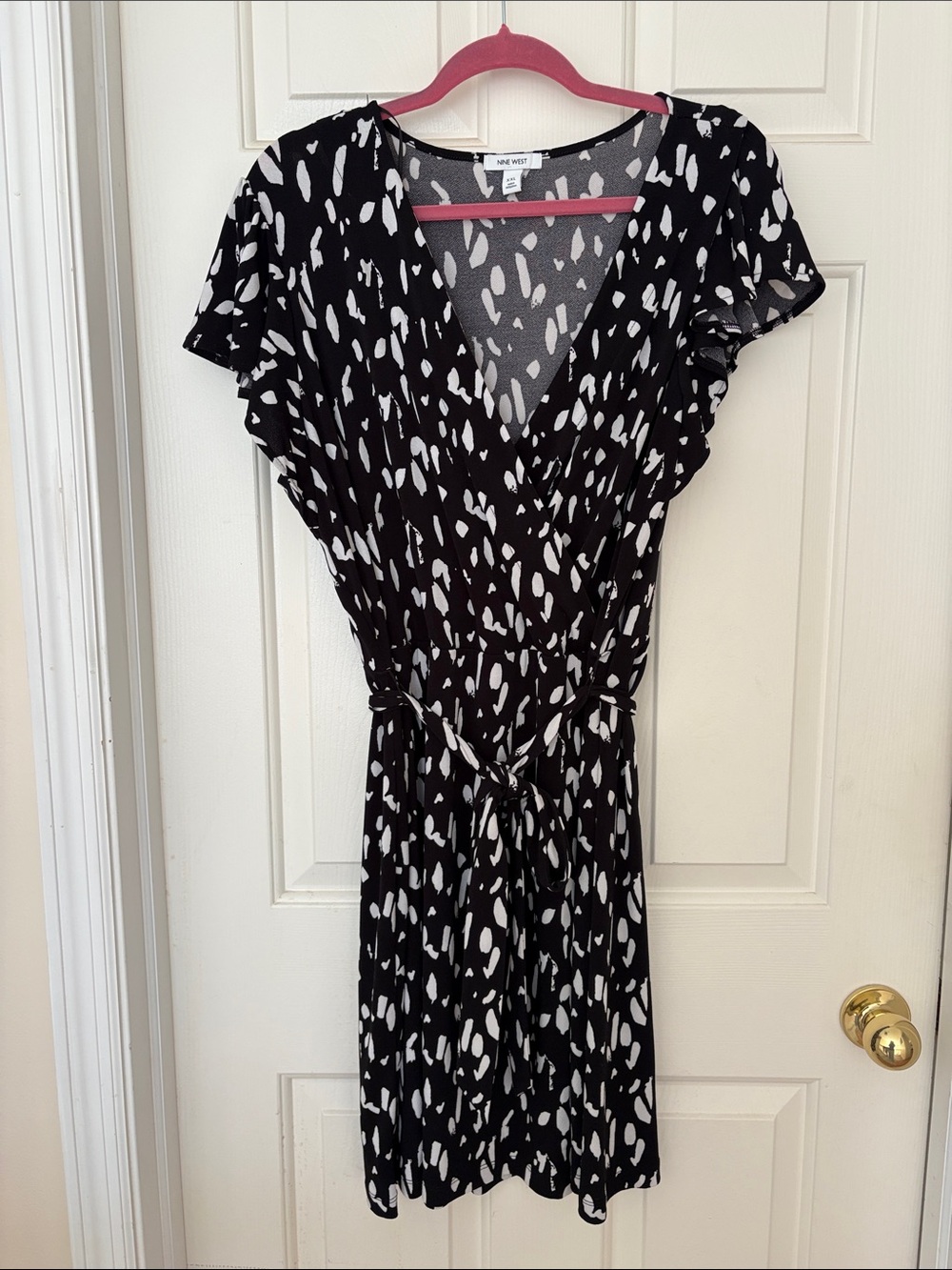 Nine West Black and White Printed Faux-Wrap Dress